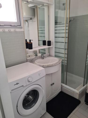 une salle de bain avec une machine à laver et un lavabo dans l'établissement Appartement 2 chambres vue mer, à Leucate-Plage