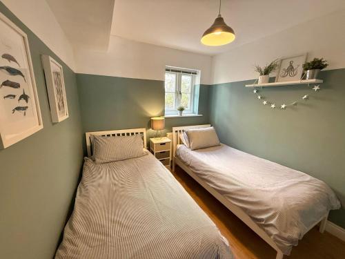 two beds in a room with green walls at Apartment with Swimming Pool in Tenby