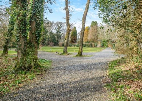 a gravel road in a park with trees at Ruthern Valley Holidays in Withiel