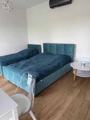 a bedroom with a bed and a table and a chair at Boszkowo Horizon Park in Boszkowo-Letnisko