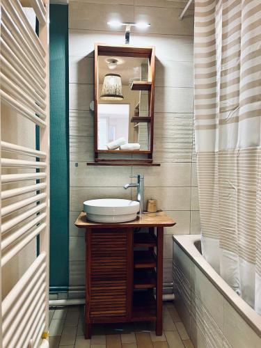 une salle de bain avec un lavabo, un miroir et une baignoire dans l'établissement Le Roy Soleil Classé 3 étoiles Cosy & Cœur du quartier Saint-Louis, à Versailles