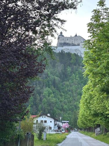 a castle on top of a hill with a road at D'Fidlerin in Werfen