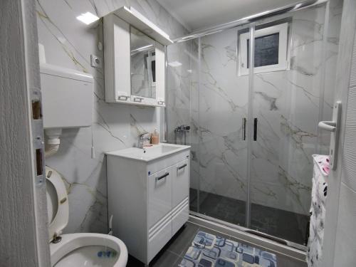 a white bathroom with a shower and a toilet at Smestaj VELjKOVIC in Bela Crkva