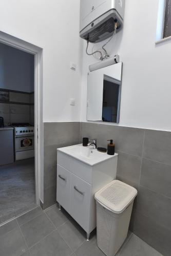 ein weißes Badezimmer mit Waschbecken und Toilette in der Unterkunft BLISS HOUSE center in Oradea