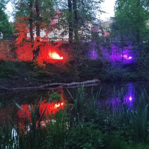 a pond with colorful lights in a garden at Gästehaus Familie Rinke in Bad Harzburg