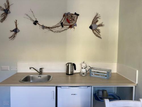 a kitchen with a sink and some antlers on the wall at Luigi Apartments&Rooms in Pula