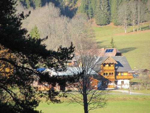 ein großes Haus inmitten eines Feldes in der Unterkunft Obergrabnerhof in Ramsau am Dachstein