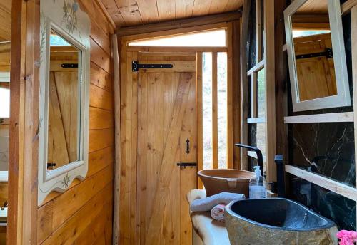 a bathroom with a sink in a wooden cabin at Wooden House at the Mountain-private in Paránimfoi