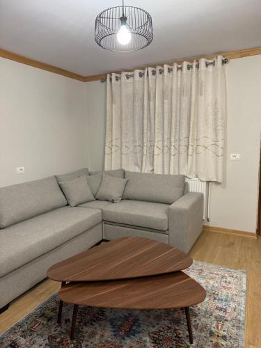 a living room with a couch and a coffee table at 3Mozaiket Sweet Home in Voskopojë