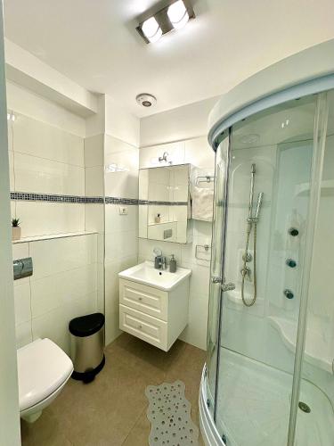 a bathroom with a shower and a toilet and a sink at Summerland Seaview Apartments in Mamaia