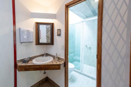 a bathroom with a sink and a shower at Tecuán-Calli in Tepoztlán