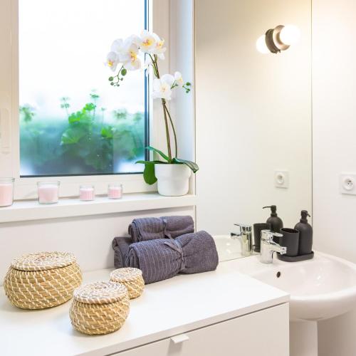 une salle de bain blanche avec un lavabo et un miroir dans l'établissement 76 m2 apartment with rooftop terrace, à Zillisheim