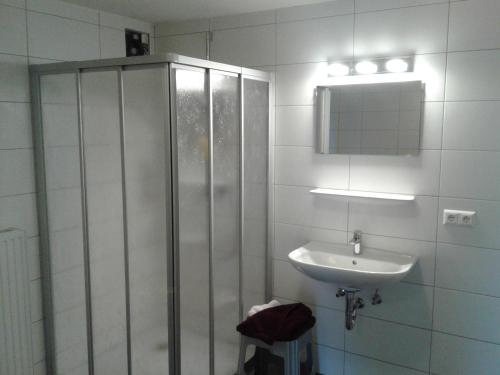 a bathroom with a shower and a sink at Ferienwohnung Angela in Steindorf am Ossiacher See