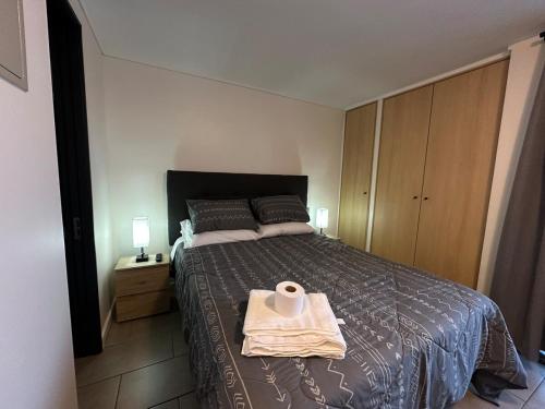 a bedroom with a bed with a roll of toilet paper on it at Estudio cerca del Movistar Arena in Santiago