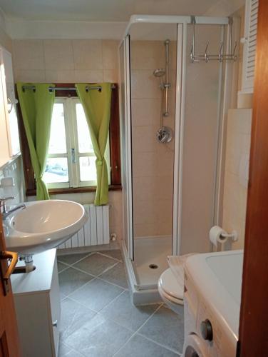 a bathroom with a shower and a sink and a toilet at canton 520 appartamenti self check in in Livigno