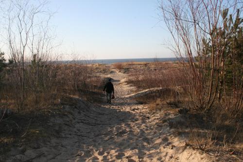 a person walking down a dirt path with a dog at Casa Mia XIX-w Nadmorski Dom z ogrodem in Cedry Małe