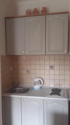 a kitchen with white cabinets and a stove and a sink at Apartments Sandra in Tivat