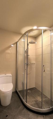 a bathroom with a shower and a toilet at Dream Land Oasis 14-704 apartment in Chakvi