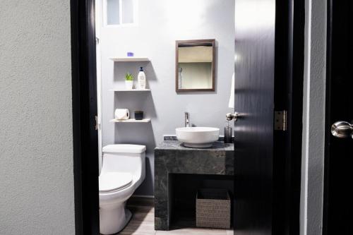 a bathroom with a white toilet and a sink at Departamento Rosa & Chocolate 1B in Matehuala