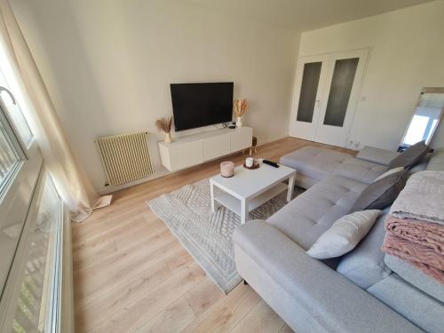 a living room with a couch and a tv at Belle appartement cocooning Proche Paris et Aéroport Charles de Gaulle in Livry-Gargan