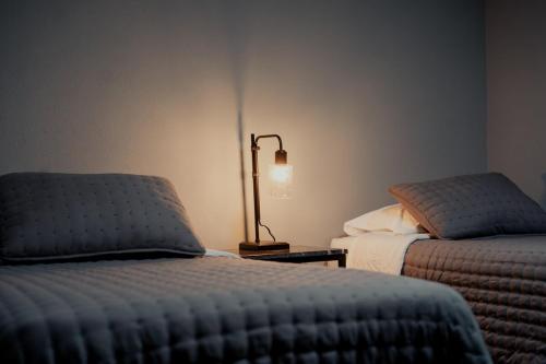 a bedroom with two beds and a lamp on a table at Departamento Rosa & Chocolate 8A in Matehuala