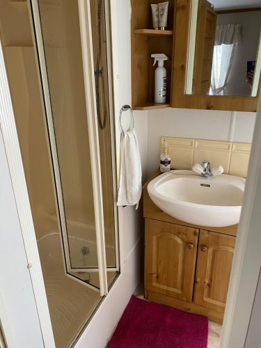 a bathroom with a sink and a shower at Lovely 2 bedroomed Caravan on Edwards Towyn in Kinmel Bay