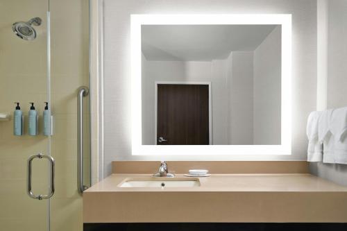 a bathroom with a sink and a mirror at Courtyard by Marriott Dallas DFW Airport North/Grapevine in Grapevine