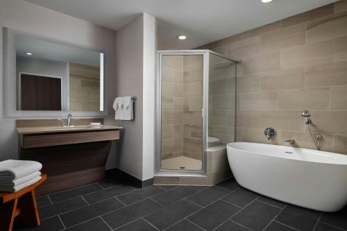 a bathroom with a tub and a shower and a sink at Courtyard by Marriott Dallas DFW Airport North/Grapevine in Grapevine