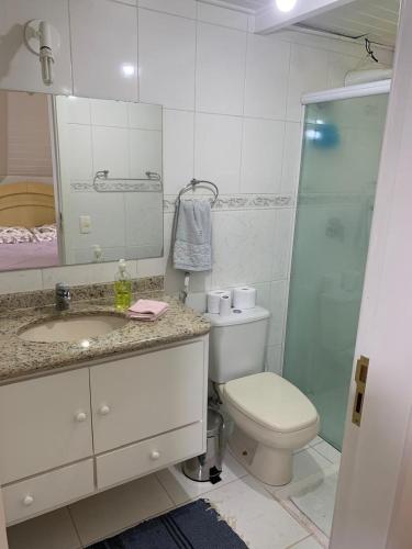 a bathroom with a toilet and a sink and a shower at o sossego e aqui in Campos do Jordão