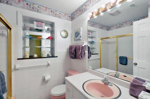 ein Badezimmer mit einem rosa Waschbecken und einem Spiegel in der Unterkunft Ginger's Guesthouse in Jekyll Island