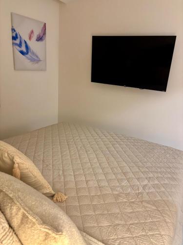 a bedroom with a bed and a flat screen tv at Apartamento Lirios Tegucigalpa in Tegucigalpa