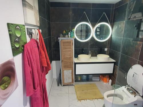 a bathroom with a sink and a toilet and mirrors at Villa au calme vu mer in Mont-Dore