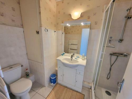 une salle de bain avec toilettes, lavabo et douche dans l'établissement Charmant studio avec balcon, animaux acceptés, parking privé, proche plage et commerces - FR-1-92-915, à Les Sables-dʼOlonne
