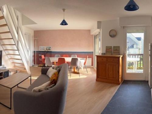 - un salon avec un chien posé sur un canapé dans l'établissement Duplex charmant au Port du Crouesty avec terrasse - FR-1-639-60, à Arzon