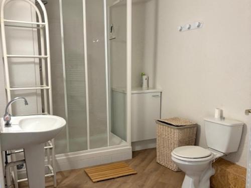 une salle de bain avec une douche, des toilettes et un lavabo dans l'établissement Duplex charmant au Port du Crouesty avec terrasse - FR-1-639-60, à Arzon
