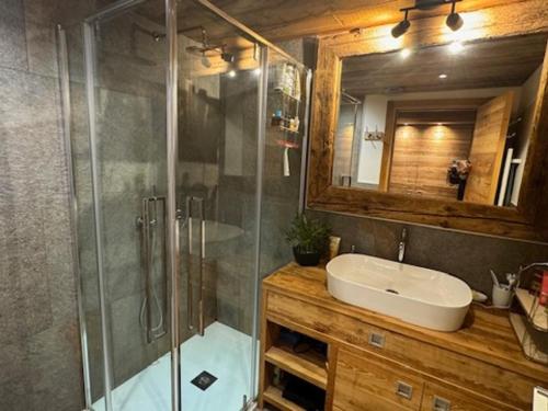 a bathroom with a sink and a glass shower at Duplex Prestige 9 Pers - Terrasse Sud - Face aux Pistes - Animaux Acceptés - Parking - FR-1-445-220 in Montgenèvre