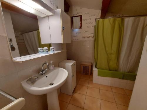 La salle de bains est pourvue d'un lavabo et d'un rideau de douche vert. dans l'établissement Maison Climatisée 4 Pers, Parking, Argelès-sur-Mer - FR-1-776-136, à Argelès-sur-Mer