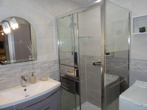 une salle de bain avec une douche en verre et un lavabo dans l'établissement Superbe 2 Pièces Climatisé - Face Mer - FR-1-833-33, à Canet