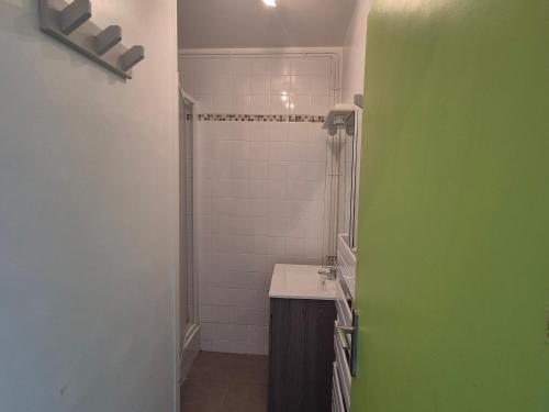une salle de bain avec un lavabo et une douche dans l'établissement Appartement 3 Pers à 100m de la mer, Animaux Bienvenus - FR-1-482-156, à Fort-Mahon-Plage