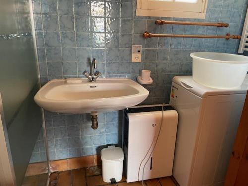 une salle de bain avec un lavabo et une machine à laver dans l'établissement Maison calme Noirmoutier 7 pers - WiFi & parking - FR-1-823-154, à Noirmoutier-en-l'lle