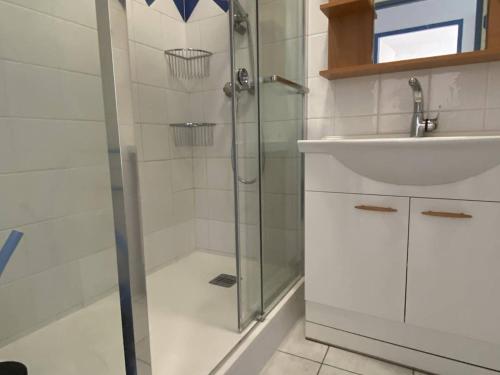 une salle de bain avec douche et lavabo dans l'établissement Appartement 3 pièces sur le port, à 500m de la plage, pour 6 personnes - FR-1-750-90, à Canet