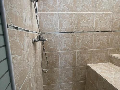 La salle de bains est pourvue d'une douche et d'un mur en pierre. dans l'établissement Studio 2/3 personnes près du lac avec animaux acceptés et parking - FR-1-822-18, à Esparron-de-Verdon