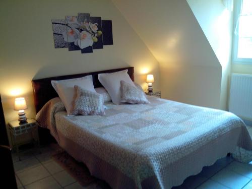 1 dormitorio con 1 cama grande y 2 lámparas en La Bourgade en Estréelles