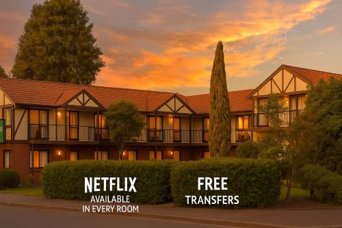 a building with the words netflix available available in every room at Argyle On The Park - Central Christchurch Motel Overlooking Hagley Park in Christchurch