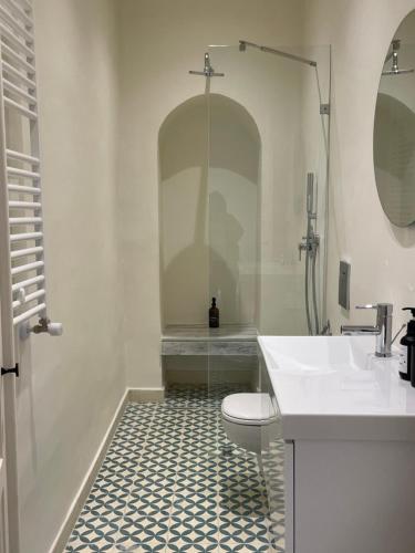 a bathroom with a shower and a toilet and a sink at Dar Kbira - Sidi Bou Said in Sidi Bou Saïd