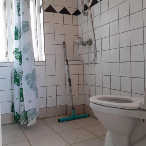 a bathroom with a toilet and a mop at Belvedere B&B in Svendborg