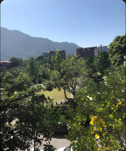 a group of trees with buildings in the background at Aloha Rishikesh India Apartment by Nibhachi in Rishīkesh