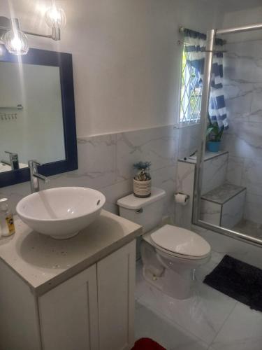 a white bathroom with a sink and a toilet at Finest Accommodation Russell Heights Apt #A in Kingston