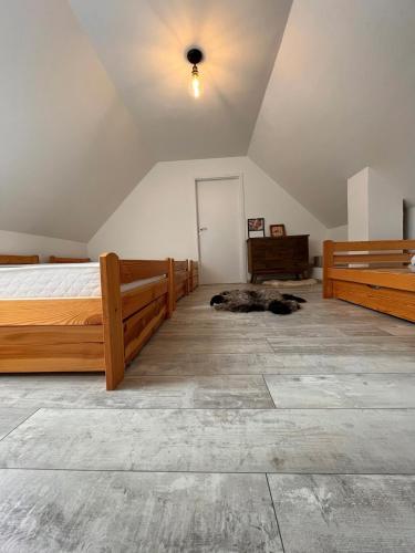 a bedroom with two beds and a cat laying on the floor at Drevenica U Feleja in Pohorelá