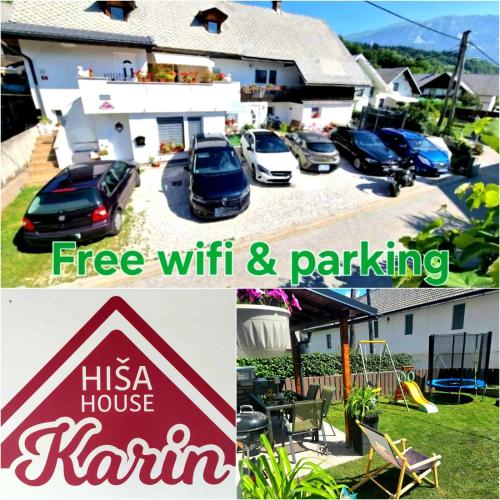 a collage of pictures of a house with cars parked at Apartments Karin in Bled
